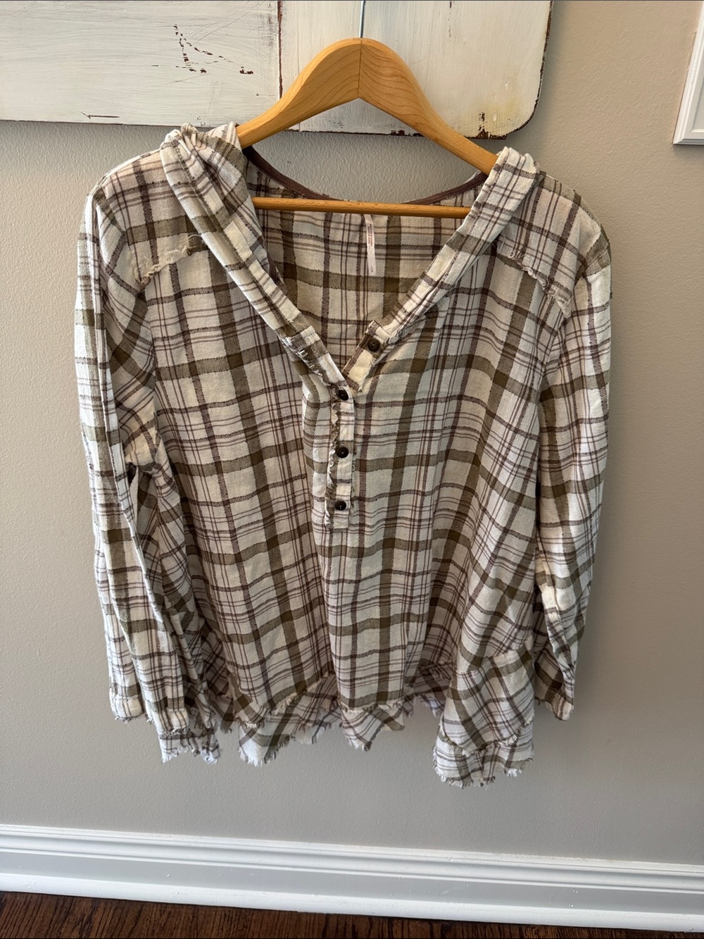 Free People Plaid Hooded Button-Front Womens Top in Beige and Brown